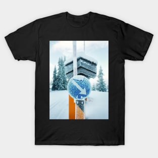 Snow-Covered Traffic Sign in Frozen Winter Landscape in Scandinavia T-Shirt